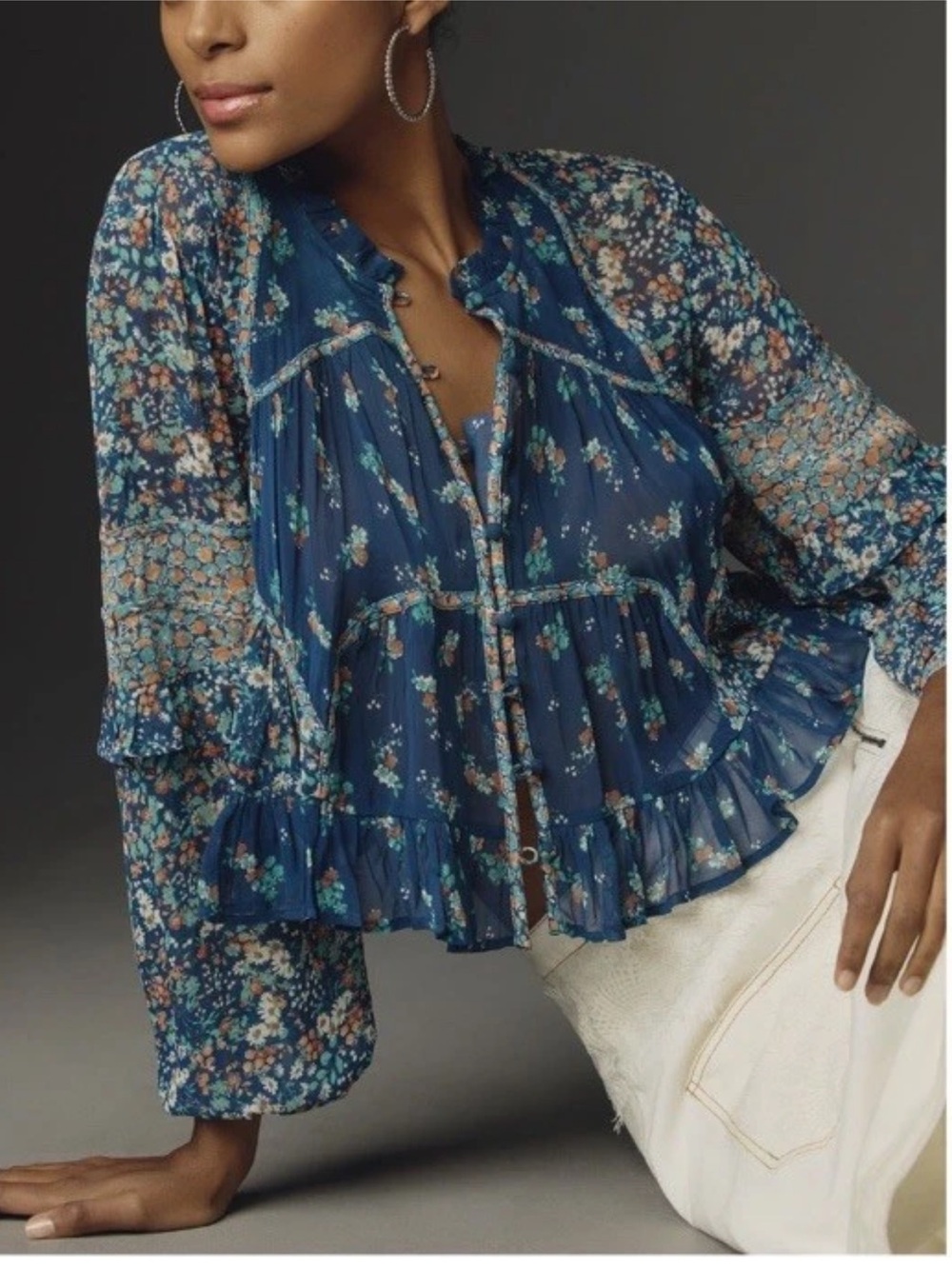 Anthropologie Sheer Babydoll Blouse Blue Floral XS Extra Small Boho Flutter Top